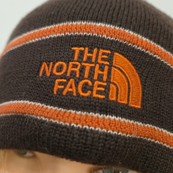 North Face Beanie Wool Brown Orange Striped Unisex Logo Fleece Lined Winter Hat - Picture 2 of 5